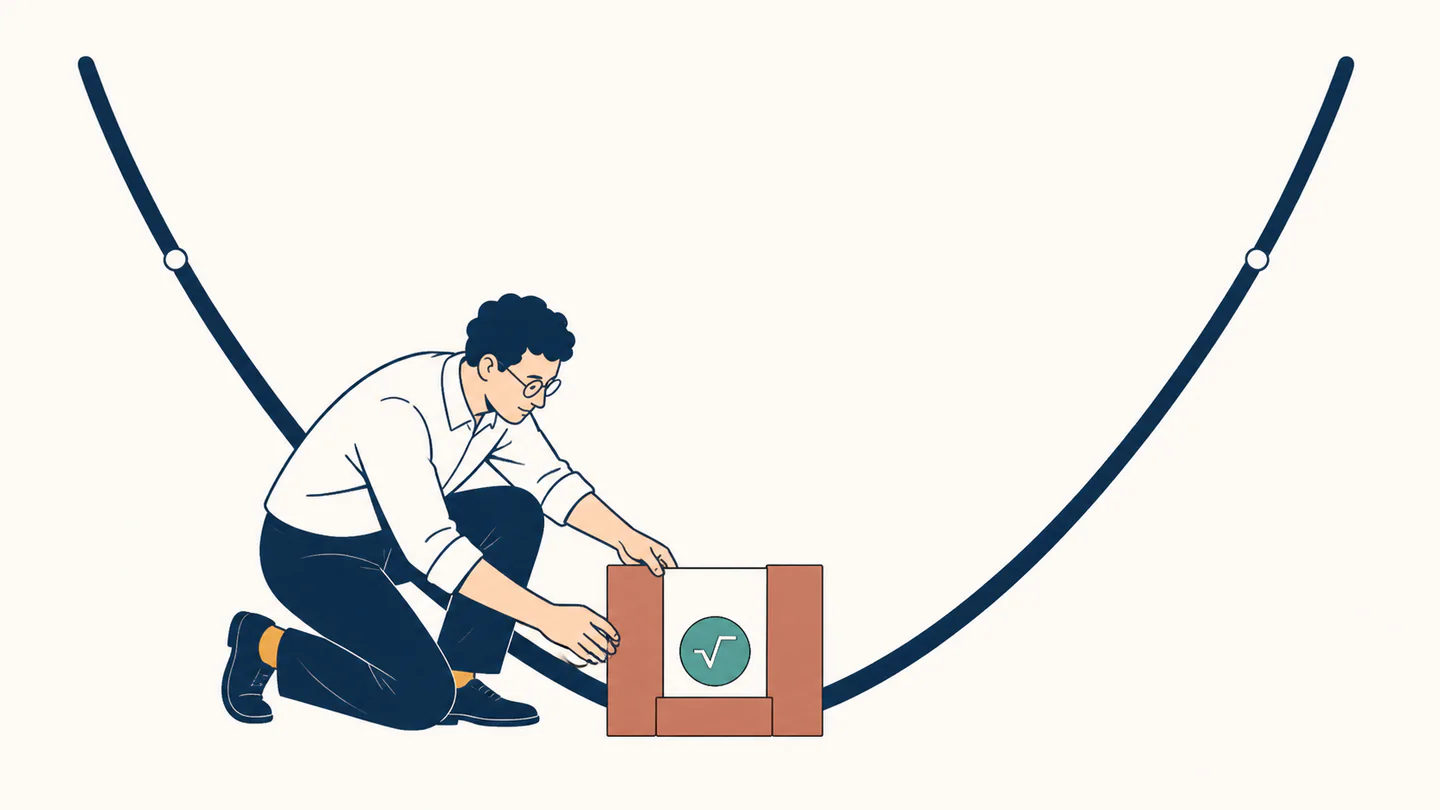 A mathematician completing a square within a large navy parabola, with a teal square-root tile