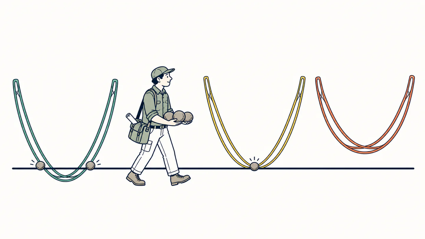 Three parabolic wire shapes crossing, touching, and missing a horizontal line