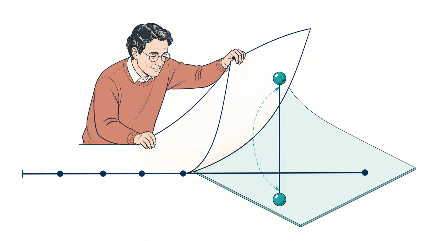 A mathematician opening a coordinate plane to reveal two symmetric teal points off the real line