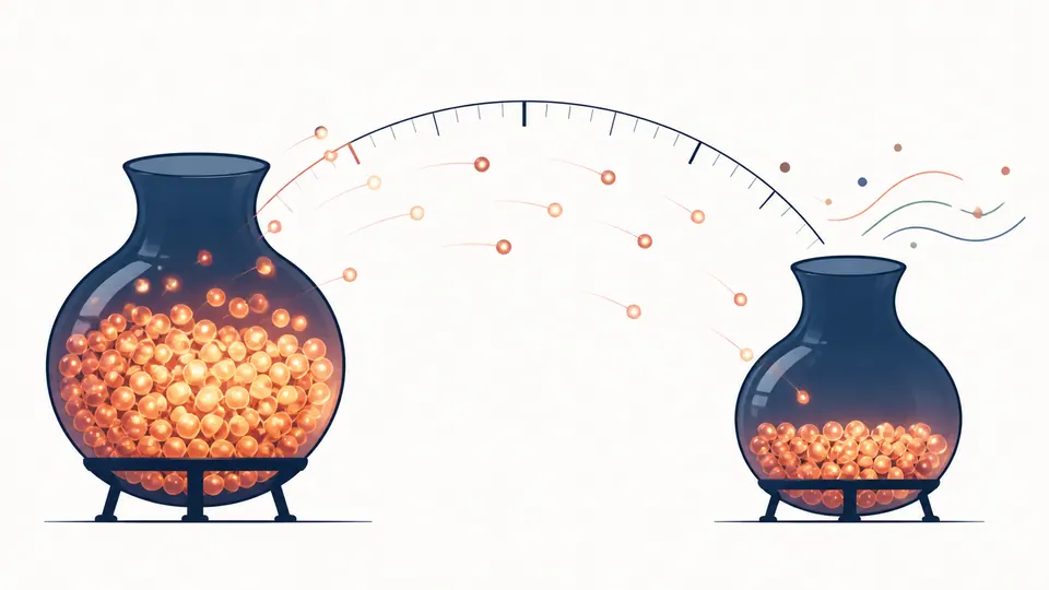 Two glowing vessels show a parent population falling by half across a visual half-life interval