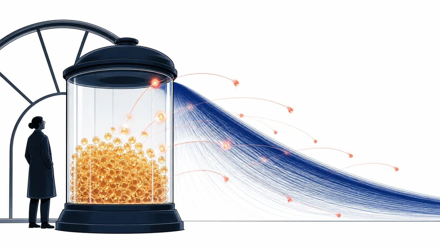 A glass chamber of glowing nuclei sends irregular individual sparks into a smooth navy population sweep observed by a scientist