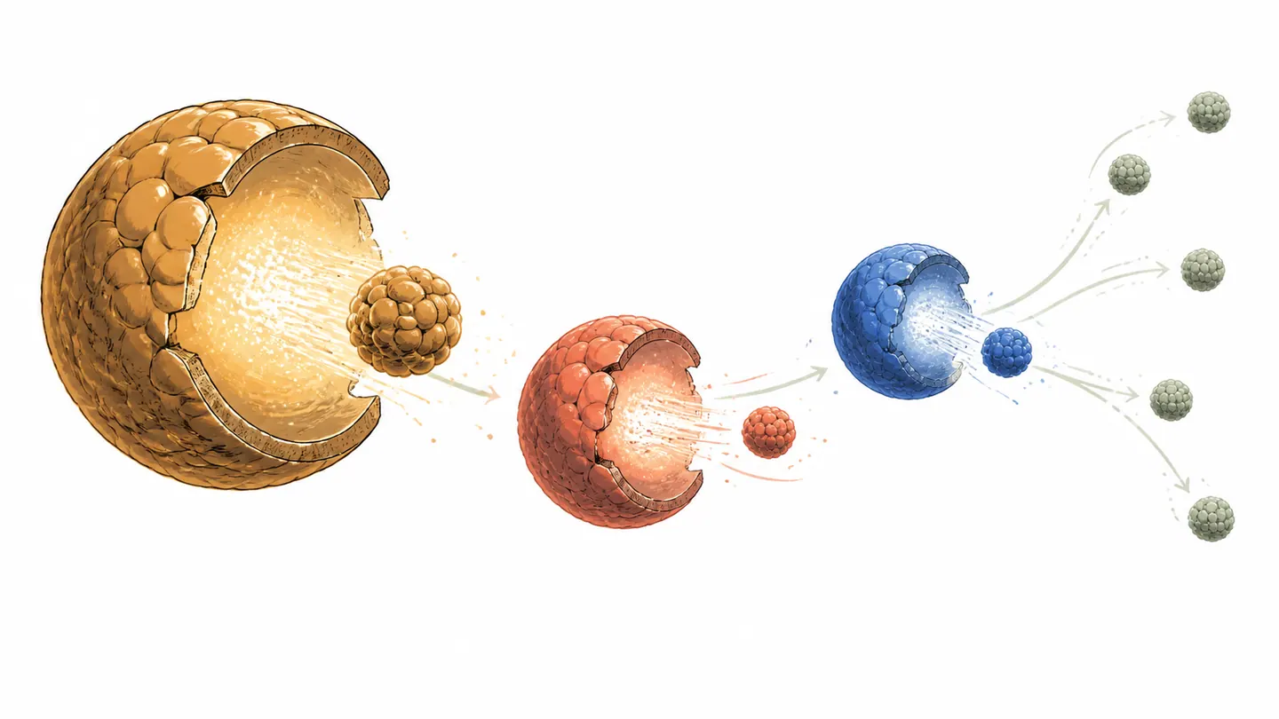 A glowing amber parent sphere transforms through coral and blue daughter stages into several possible descendants