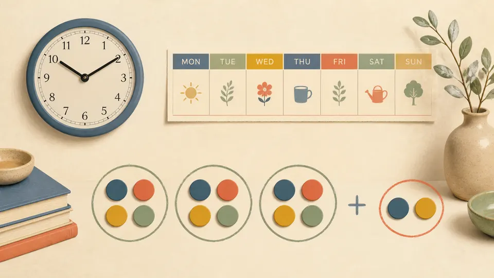 A calendar and clock using a remainder to show leftover units after complete cycles