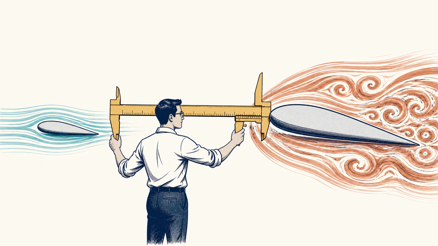 An engineer uses a gold caliper to compare a small smooth-flow wing with a larger wing surrounded by terracotta eddies