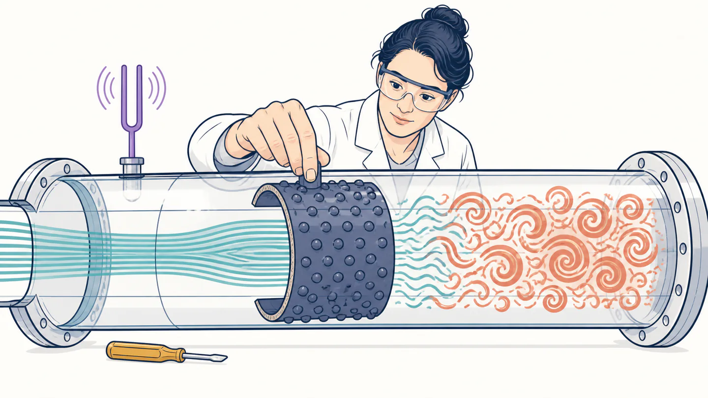An experimenter inserts a rough liner into a transparent pipe where smooth teal flow develops into terracotta eddies downstream