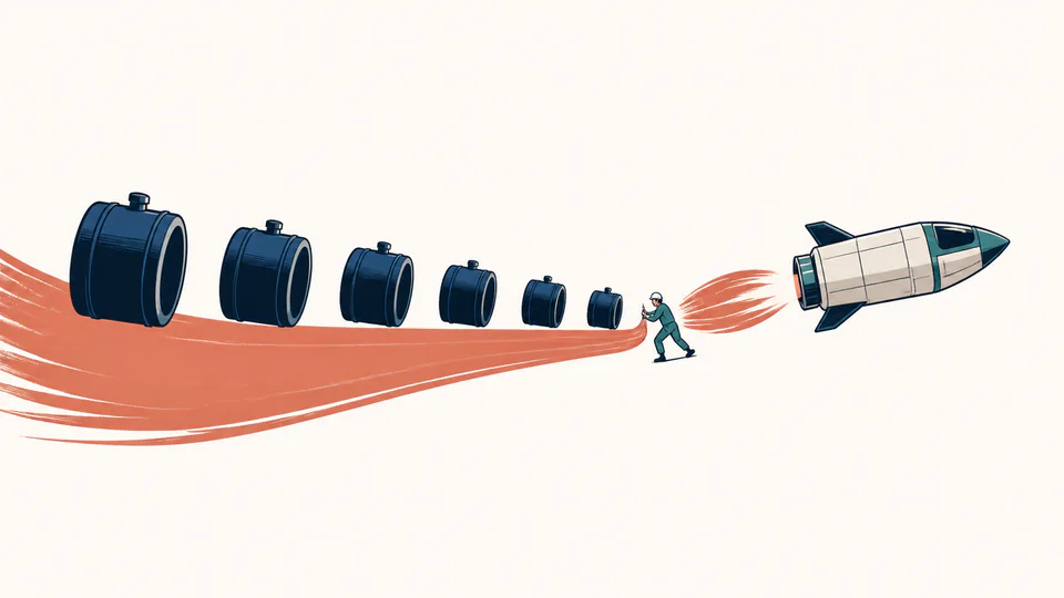 A small spacecraft moves rightward as a stream of progressively smaller navy propellant canisters and a terracotta exhaust ribbon trail behind it