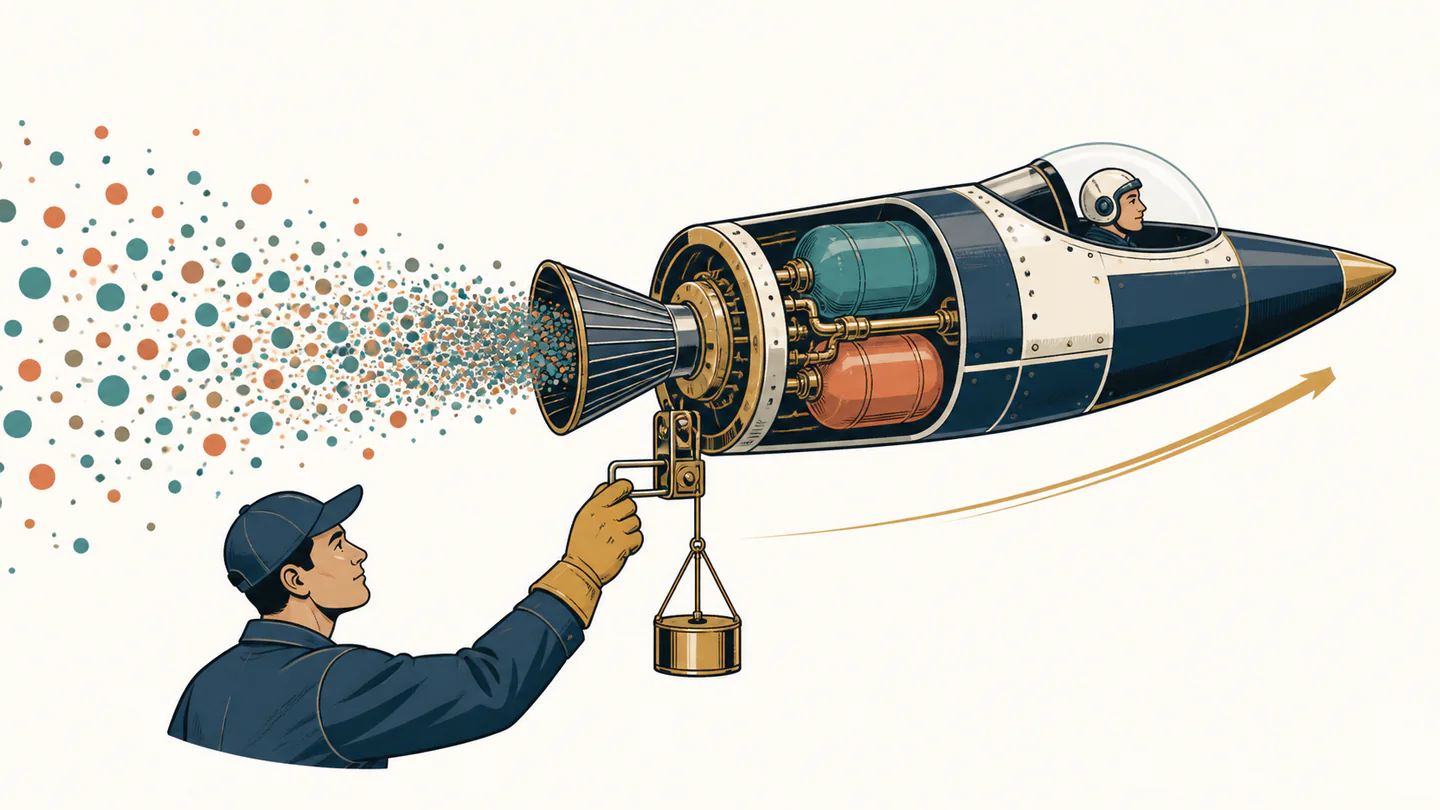 A cutaway rocket engine ejects a dense stream of teal and terracotta particles leftward while the vehicle points to the right