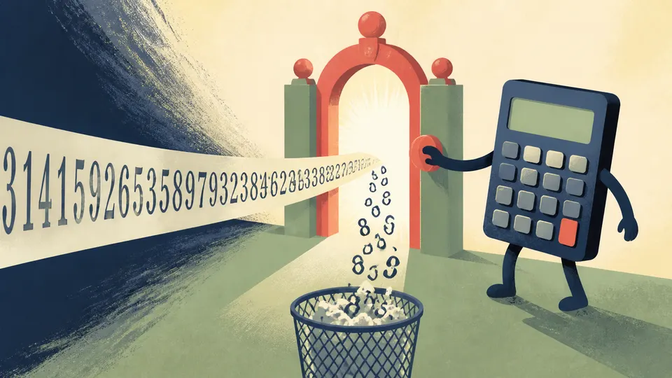 A calculator sending a long digit train through a rounding gate while a discarded tail falls away
