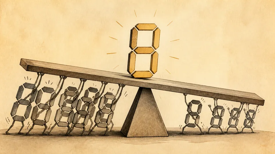 A final displayed digit balanced on a seesaw with hidden digits underneath deciding the direction