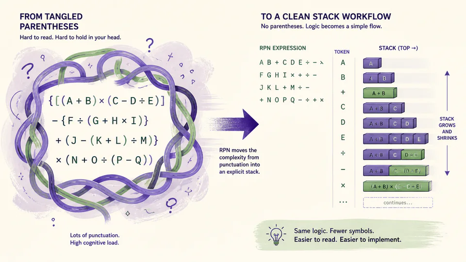 A parenthesized expression transforming into a sequence of stack actions
