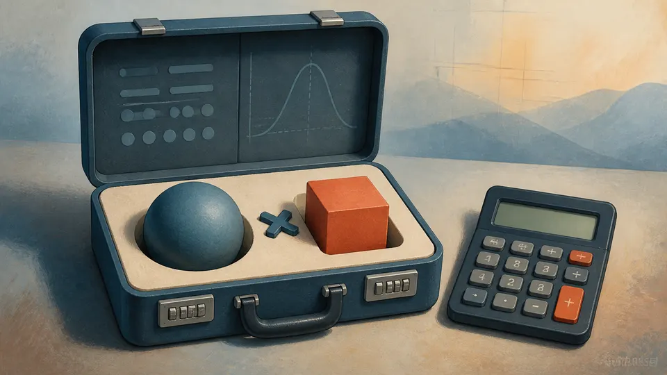 A huge number folded into a compact scientific notation suitcase beside a calculator
