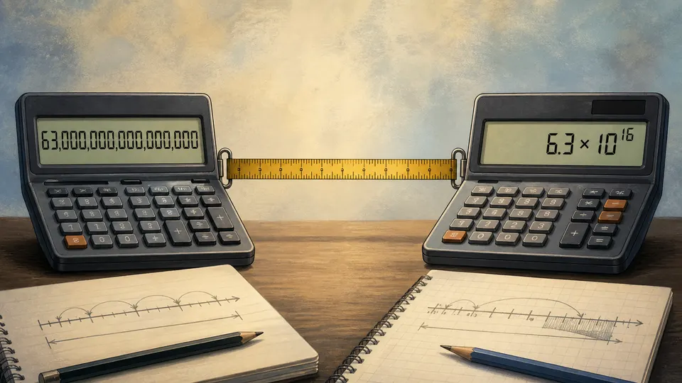 Two calculator displays showing the same quantity as ordinary and exponential forms