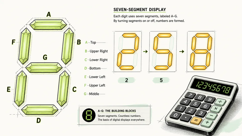 A giant calculator digit assembled from seven separately labeled luminous bars