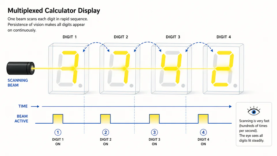 Four calculator digits represented as translucent frames with a scanning beam moving between them