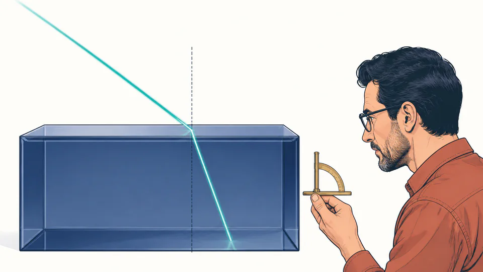 A teal light ray bends toward the normal as it enters a blue glass block