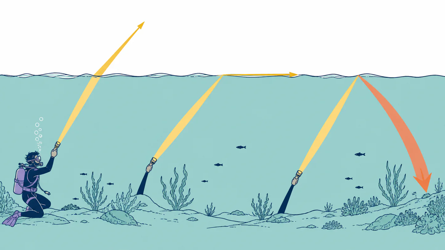 A diver sends three beams toward a water surface: one exits, one travels along the surface, and one reflects back underwater