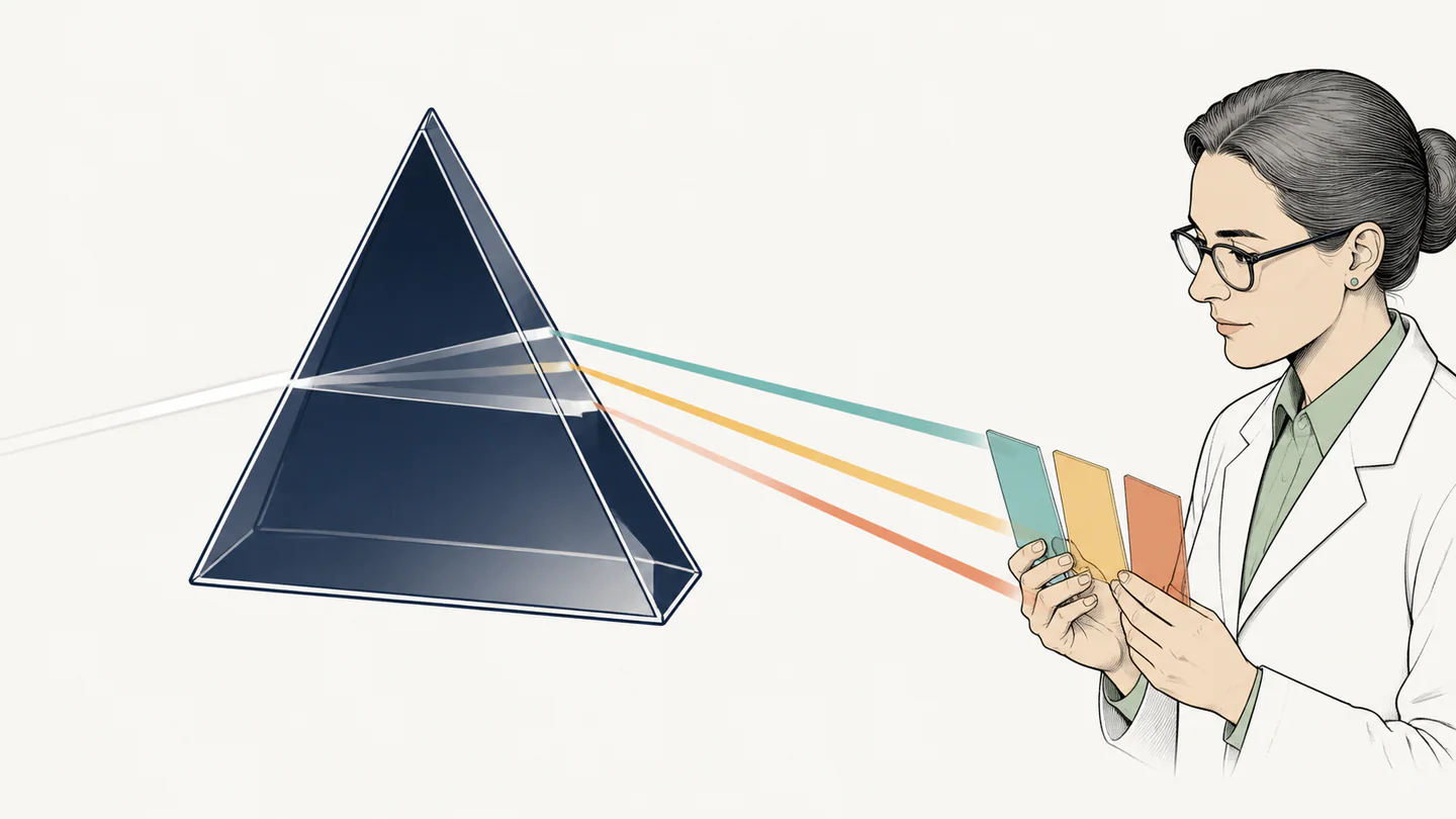 A prism separates a white beam into teal, gold, and terracotta paths as a materials scientist compares optical sample cards