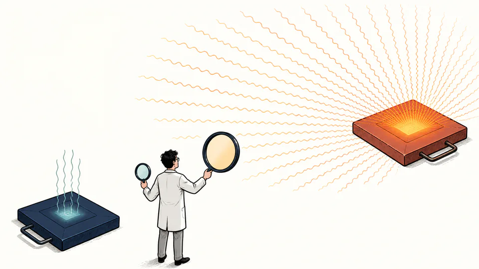 A cool navy heated tile emits a few teal waves while a much hotter terracotta tile emits a broad fan of radiant waves, watched by a scientist using two filters