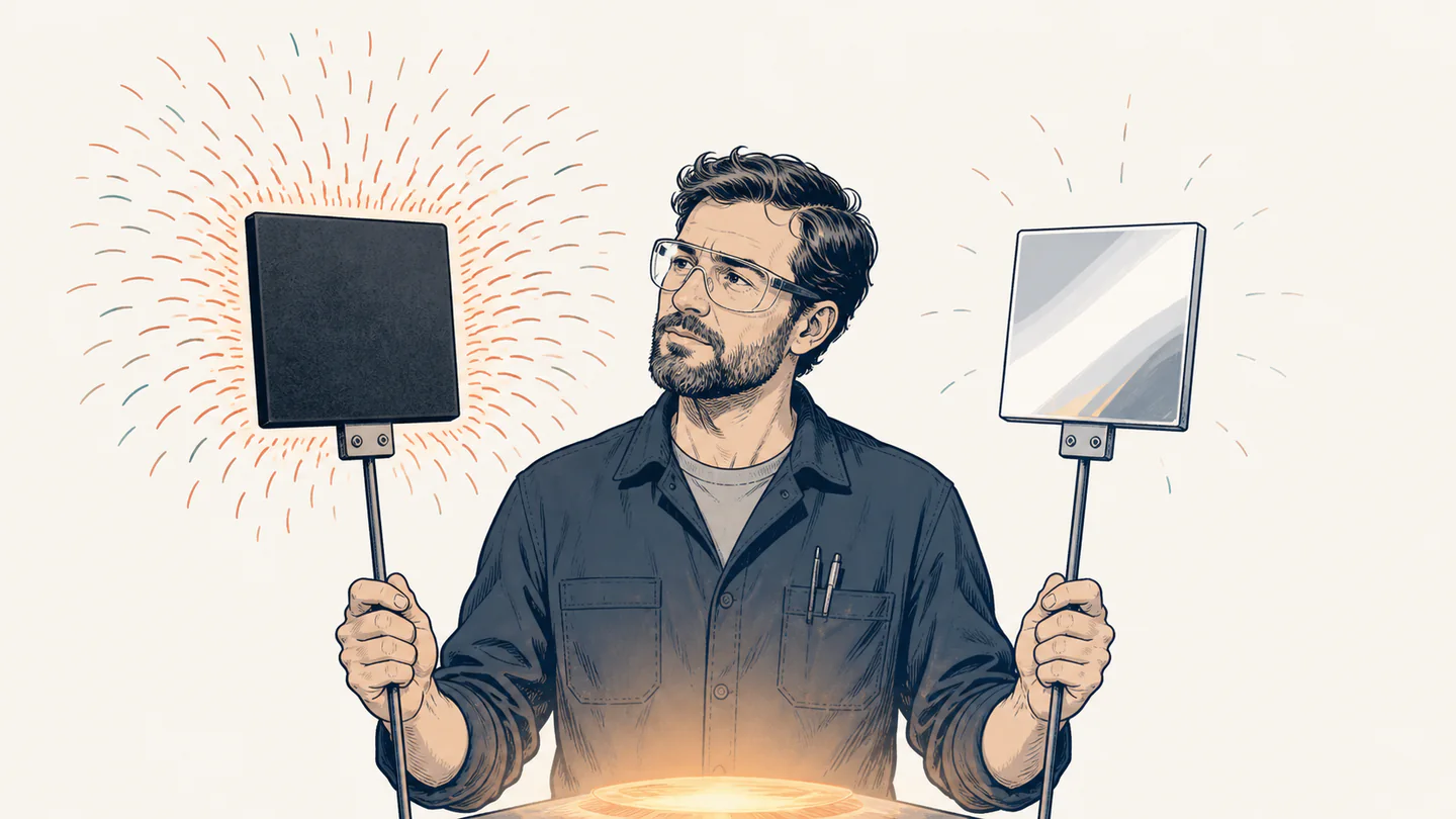 An engineer compares a matte dark square panel with many warm radiation marks and a reflective pale panel with only sparse marks
