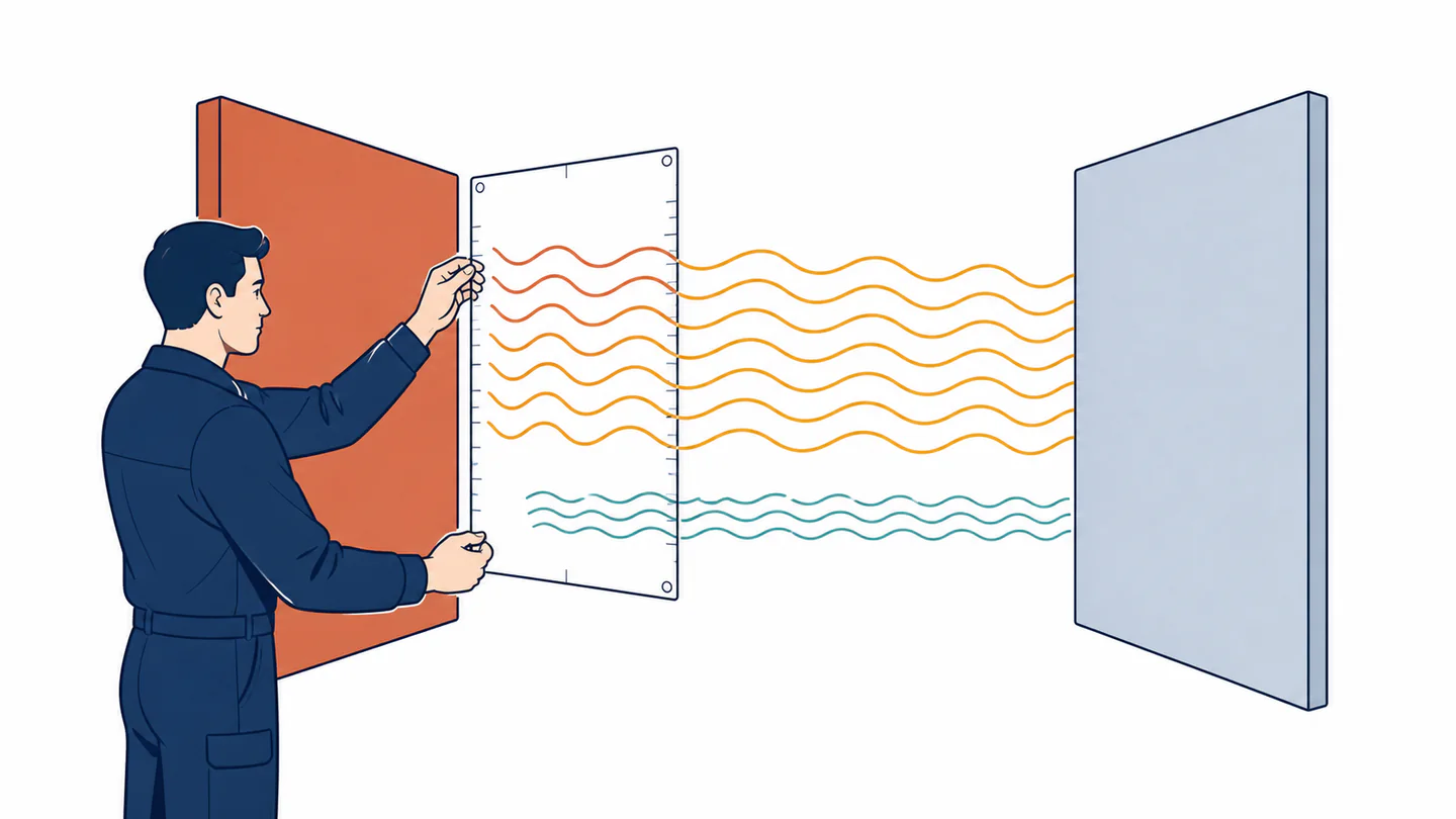 A warm terracotta panel and a pale blue panel face each other across a clear measurement frame, with a broad warm set of waves and a narrower teal return set
