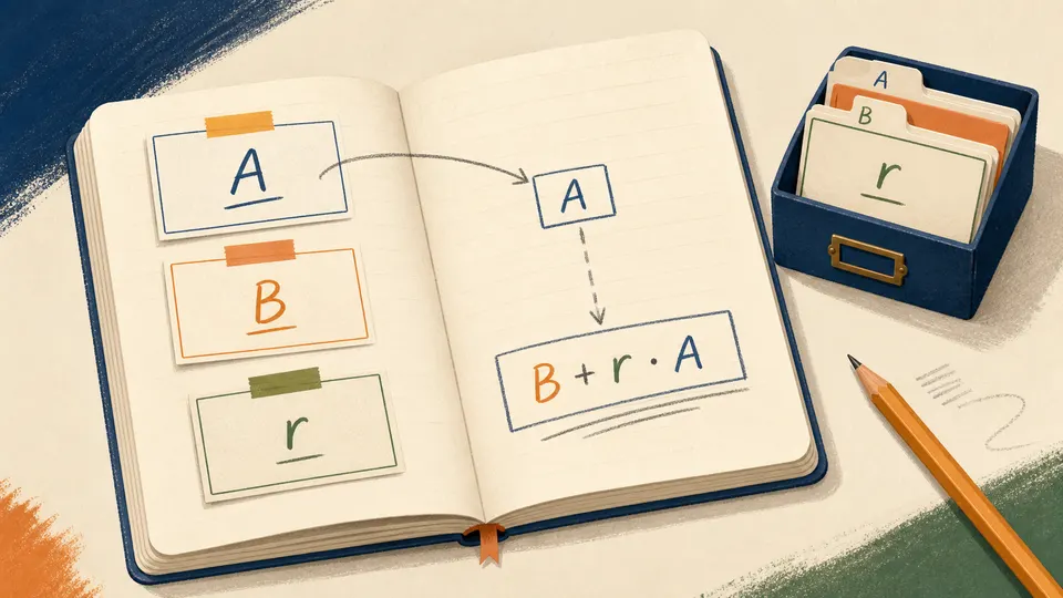 Several variable cards stored in a compact calculator notebook with store and recall arrows