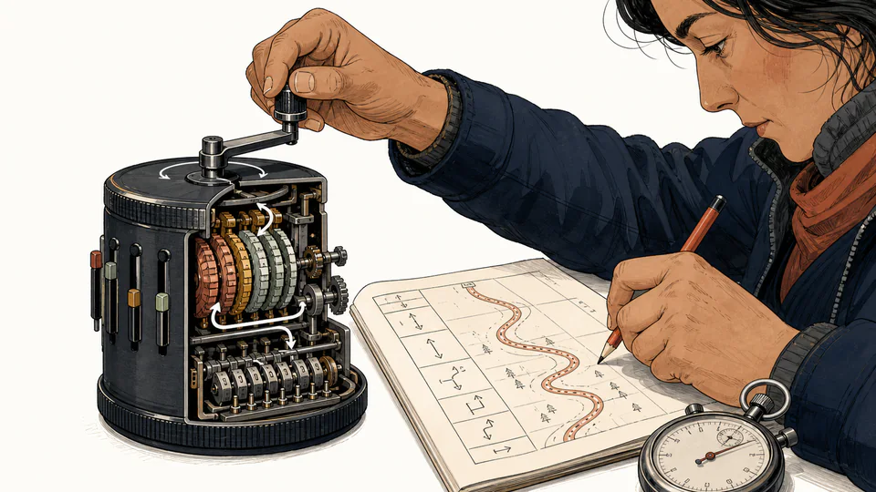 A hand-cranked mechanical calculator with its gears visible