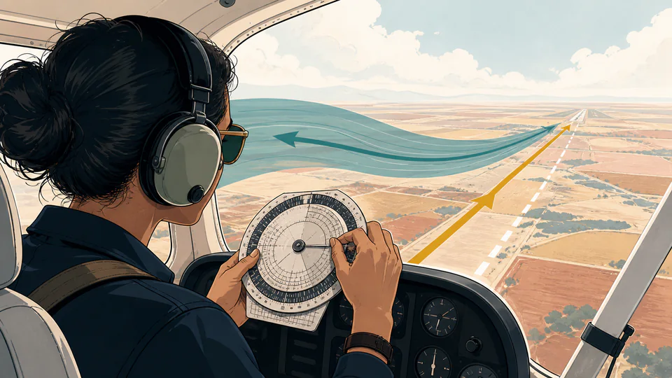 A pilot rotating an analog circular flight computer while correcting the aircraft heading against a crosswind
