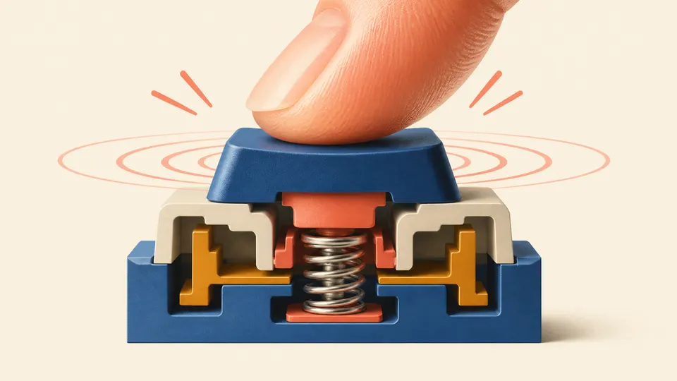 A finger pressing a calculator key with a tactile click ripple and matching display response