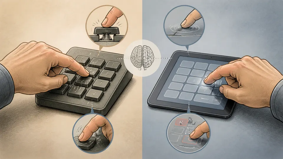 A physical keypad and a flat touchscreen keypad compared through contact and error correction