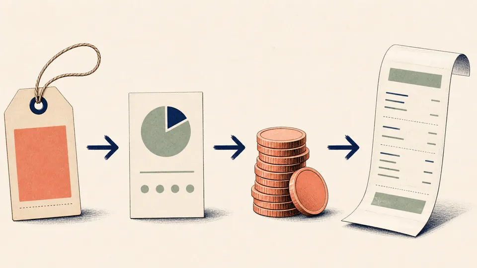 A retail calculator tax key connecting a pre-tax price to an added tax layer and final receipt