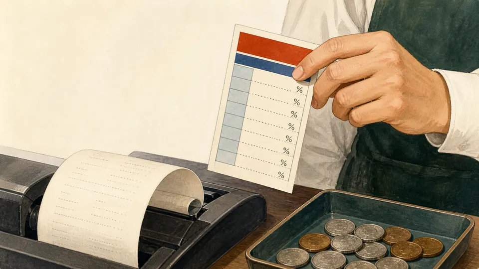 A hand checking a stored tax rate inside a calculator before pressing TAX plus