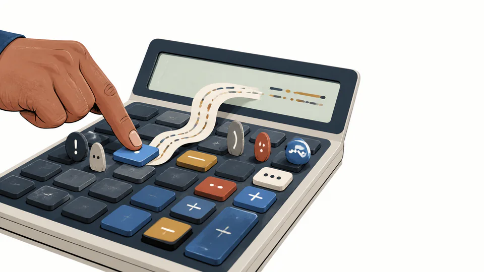 A hand guiding an abstract sentence through a calculator keypad