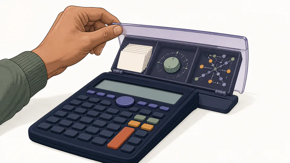 A scientific calculator opened to reveal stored values, a mode dial, and alternate-function paths