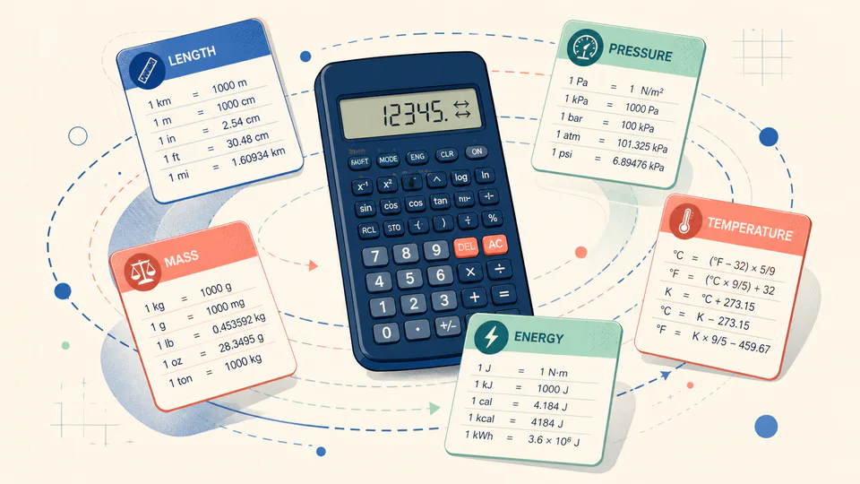 A calculator surrounded by compact cards for length, mass, pressure, temperature, and energy