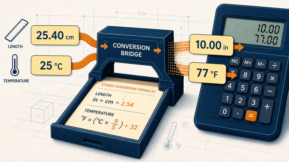 A measurement crossing a formula bridge from centimeters to inches and Celsius to Fahrenheit