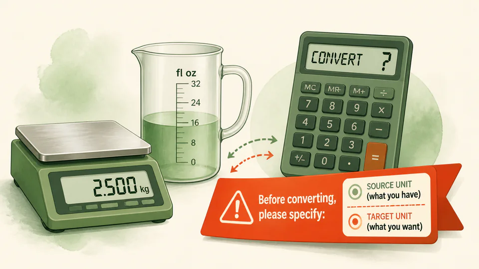 Two measuring instruments with different unit labels and a calculator asking for source and target units