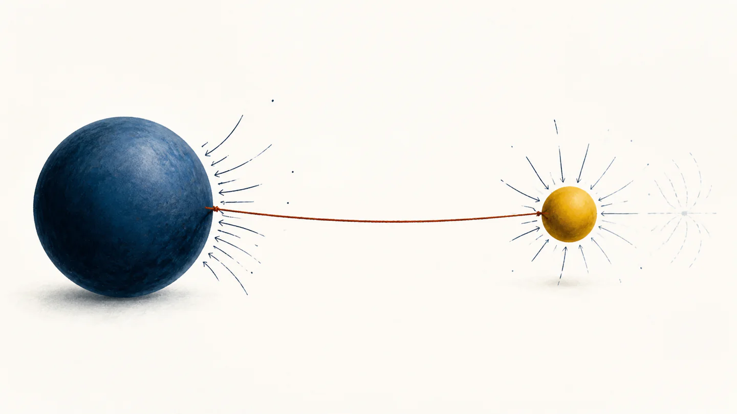 A large dark blue sphere and a smaller yellow sphere joined by a taut terracotta line, with force marks pointing toward each sphere
