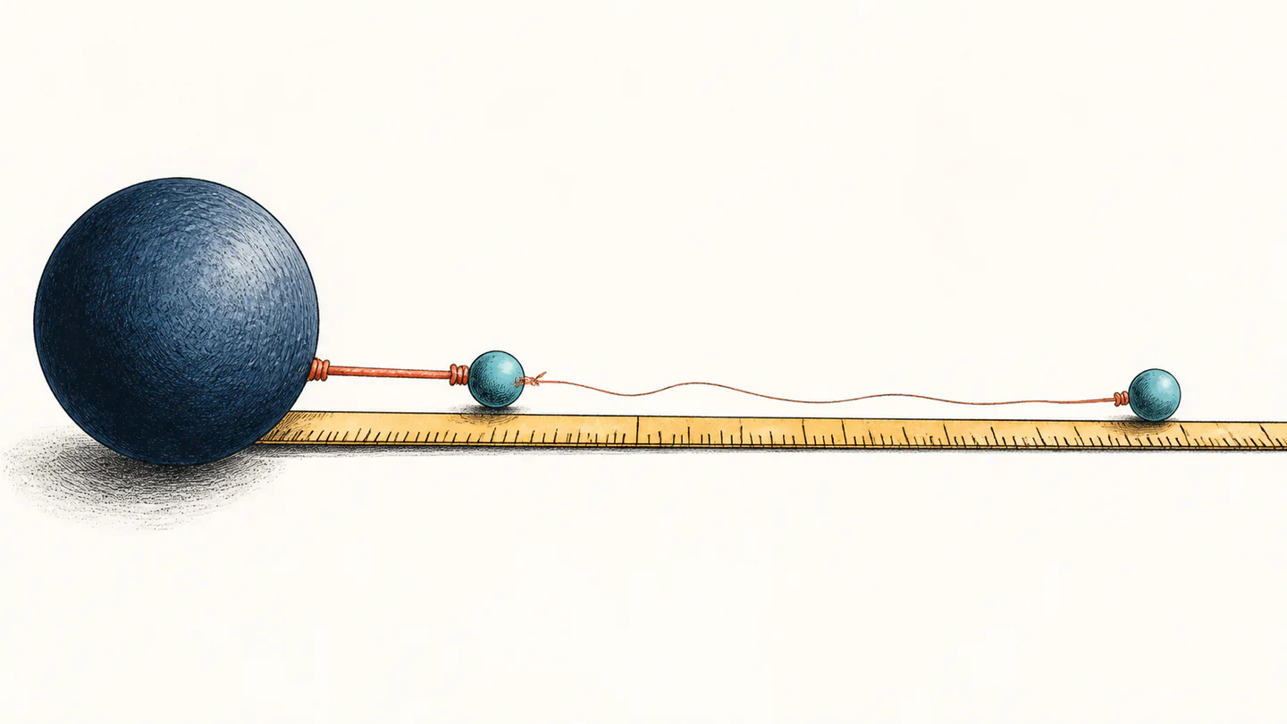 A large blue source sphere beside two identical teal test spheres at near and far positions on a ruler, linked by taut and slack threads