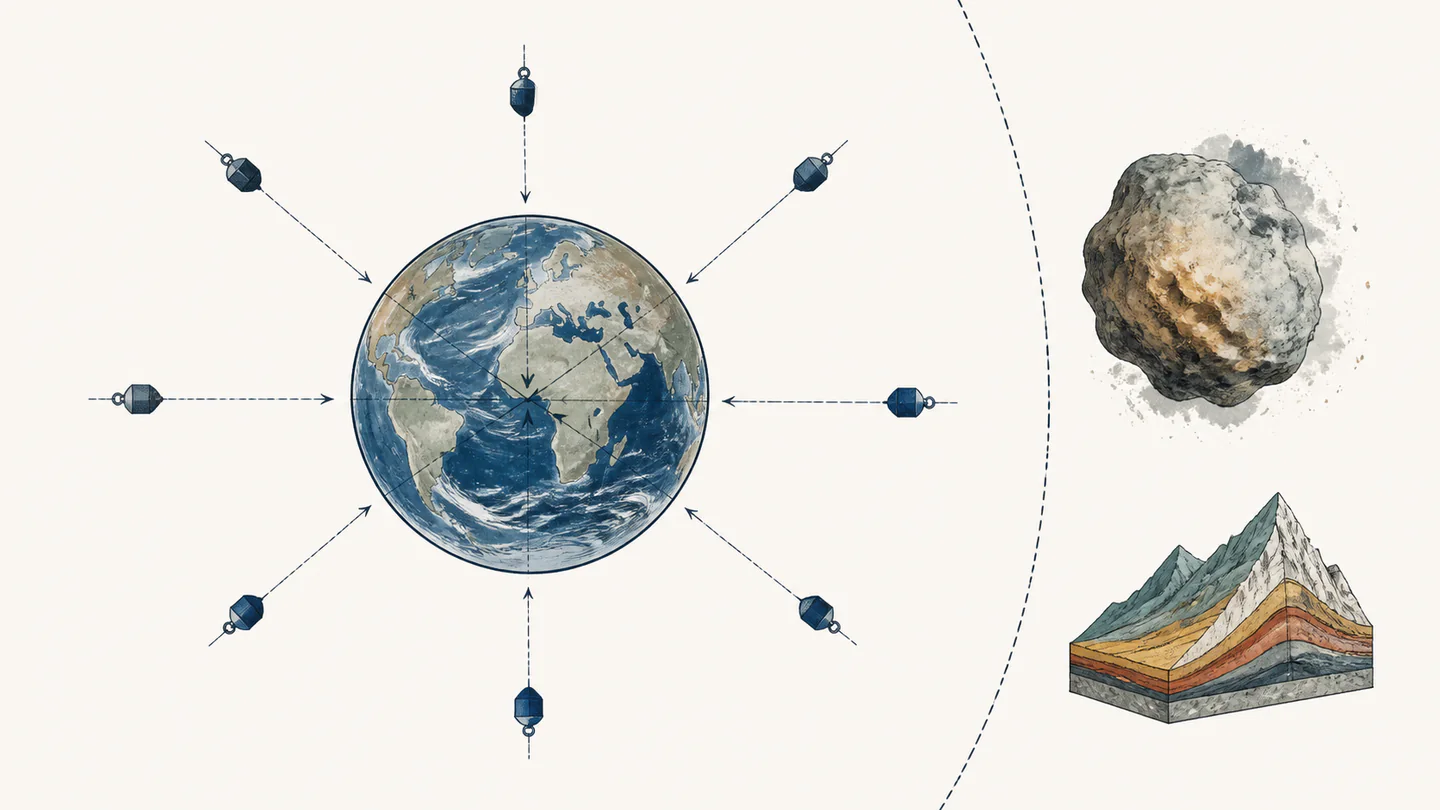 A spherical Earth-like body with test masses pointing inward toward its centre, separated by a boundary from an irregular rock and layered mountain cross-section