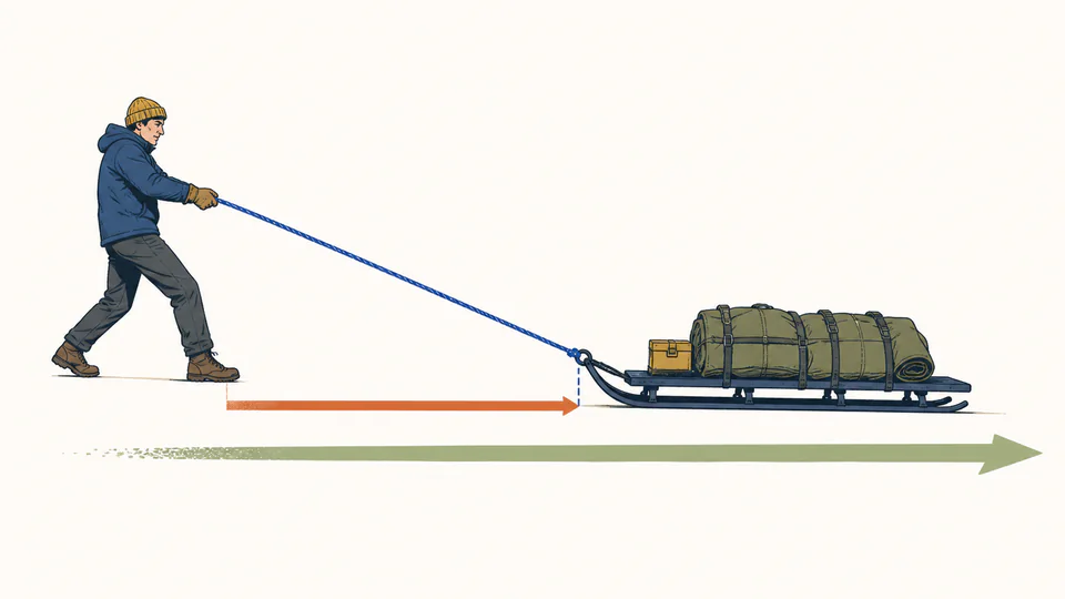 A person pulls a loaded sled with an angled rope while a shorter horizontal band shows the force projection along the motion