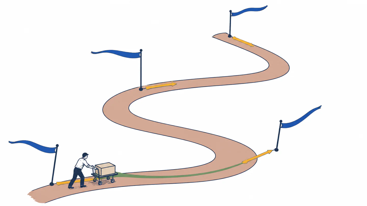 A person pushes a cart along a winding path where four local force streamers create short tangent contributions that accumulate into one trail