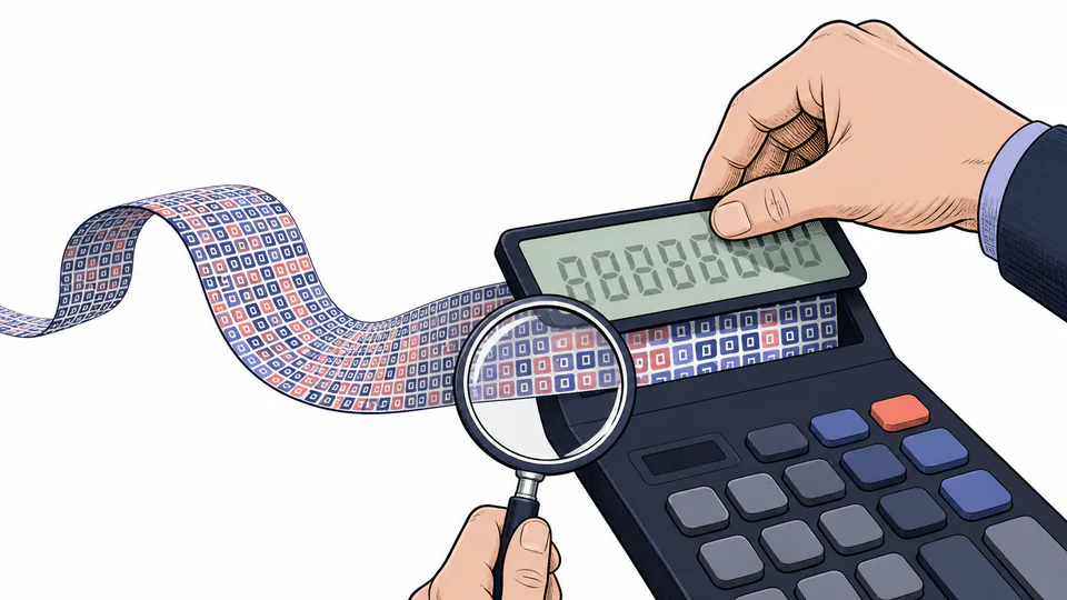A magnifying glass revealing a longer internal number behind a calculator display window