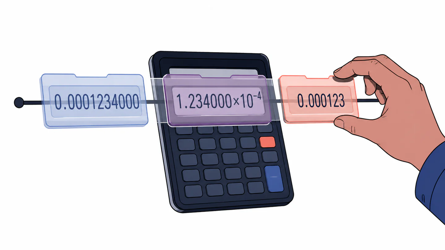 A hand slides different viewing frames over one underlying calculator value