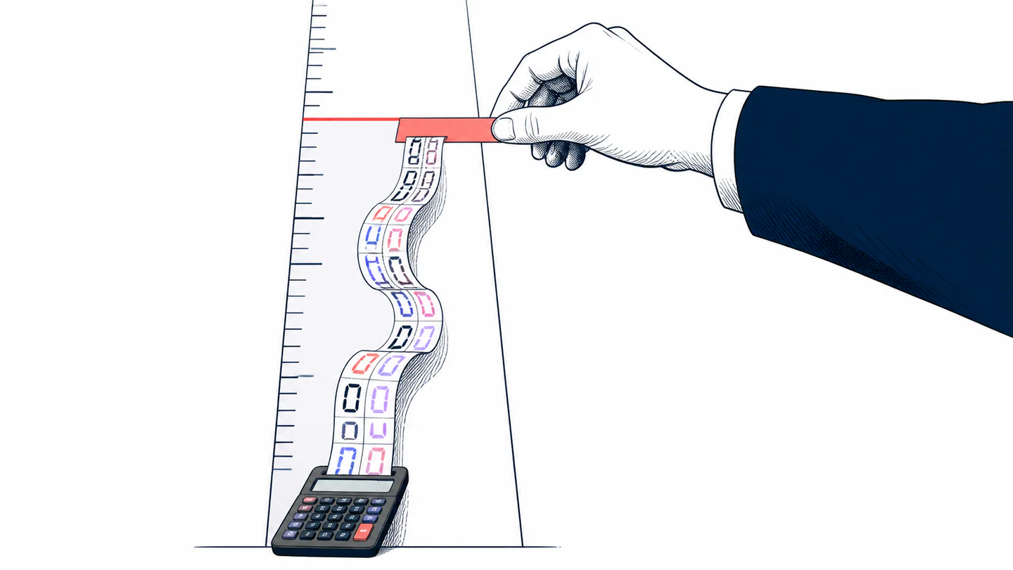 A ribbon of digits reaches a physical boundary above a small calculator