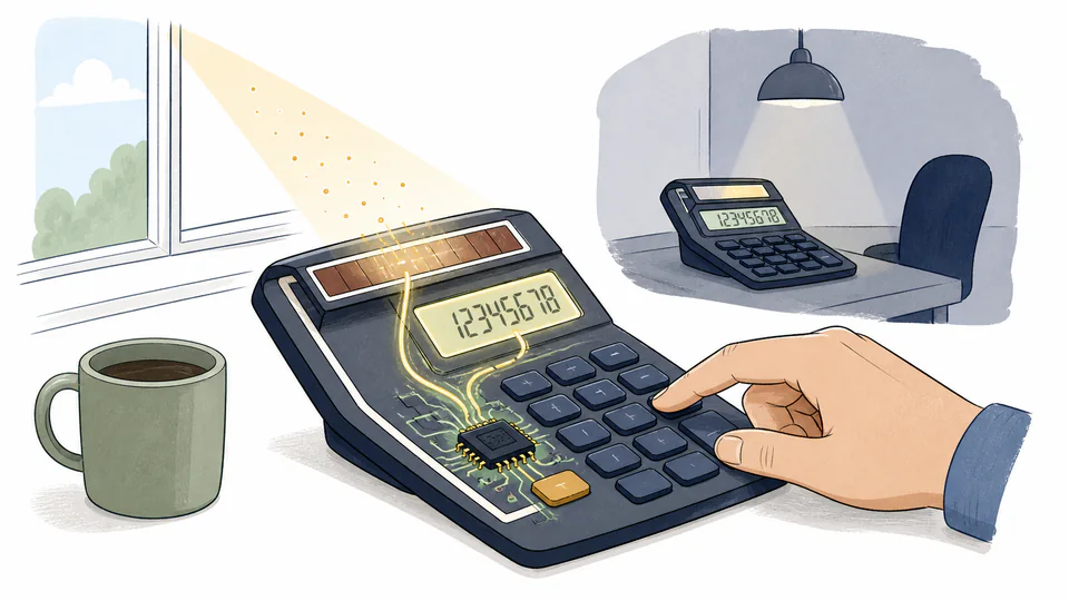 A calculator turning window light and a desk lamp into power for its display and chip