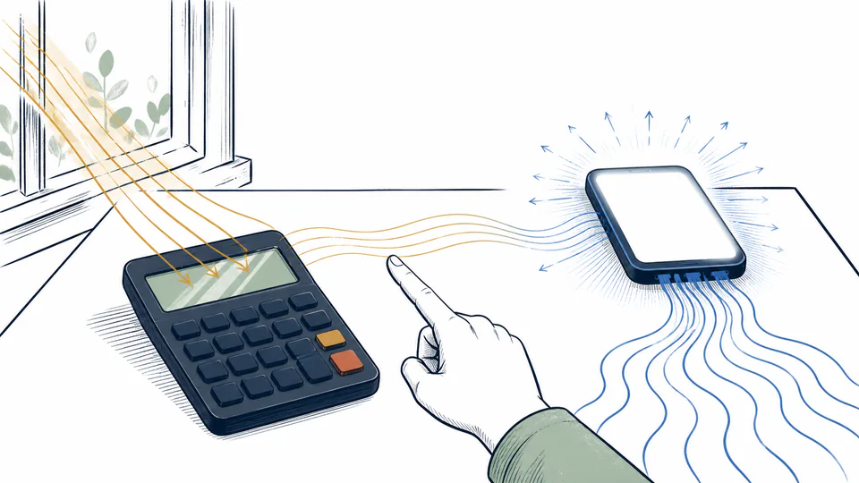 Ambient light falling across a calculator LCD while a phone-like screen creates its own bright light