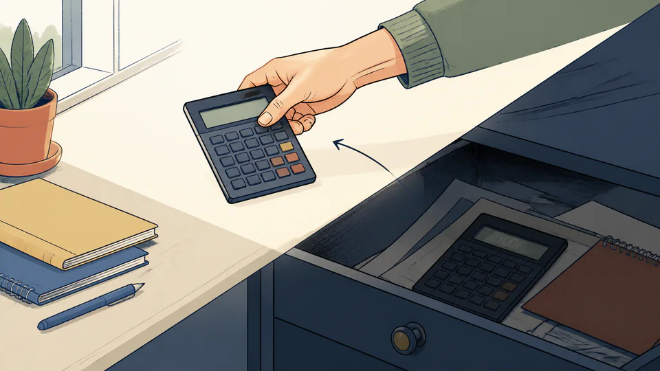 A calculator being moved from a dim desk drawer into brighter window light