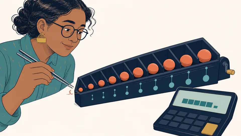 A tiny remainder being examined inside a binary calculation machine