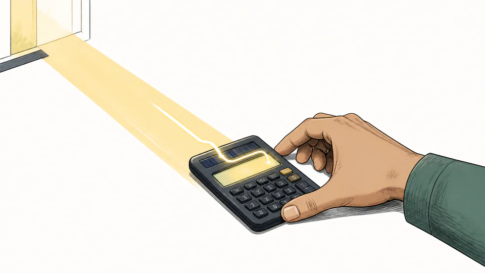 A hand moving a pocket calculator into a narrow ribbon of window light