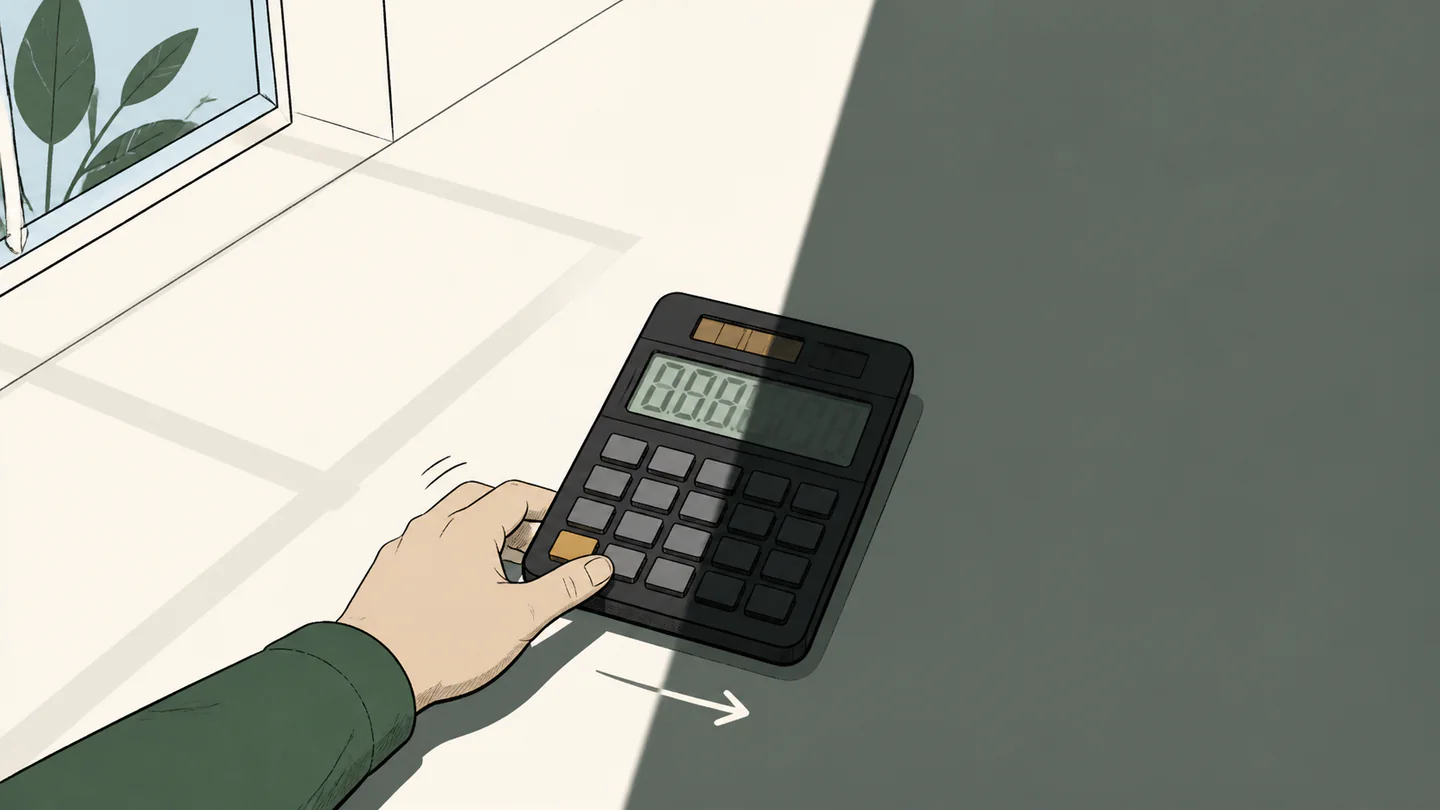 A hand moves a calculator across a physical boundary between a bright window patch and a soft shadow
